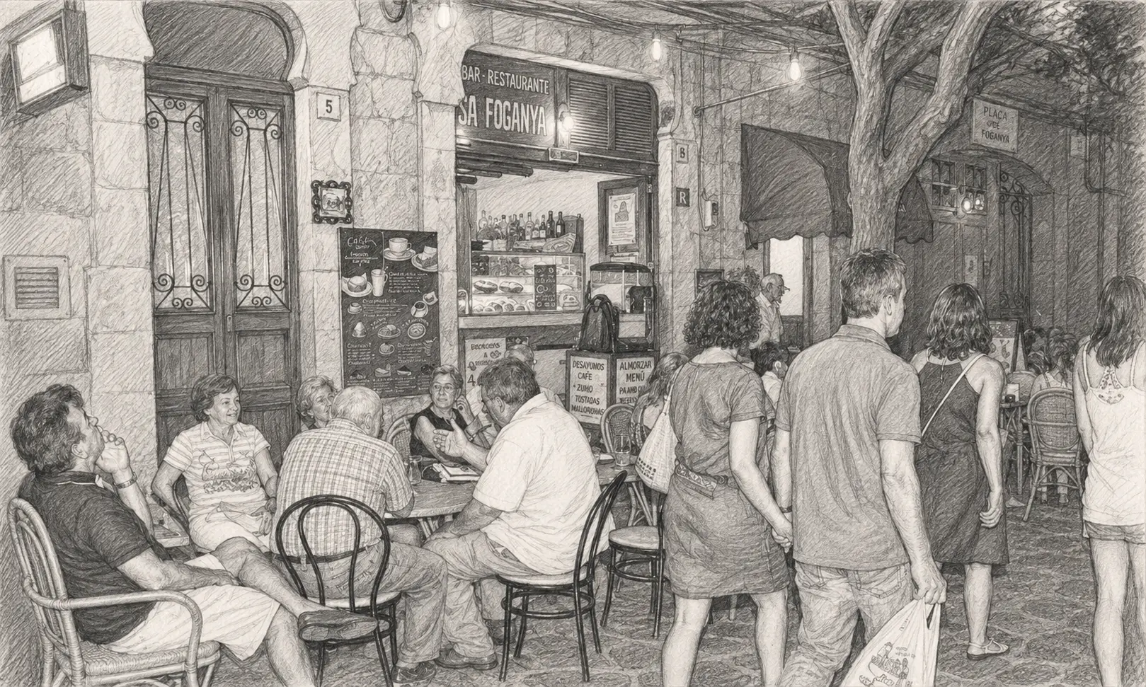 Graphite illustration of groups enjoying Sa Foganya in Valldemossa